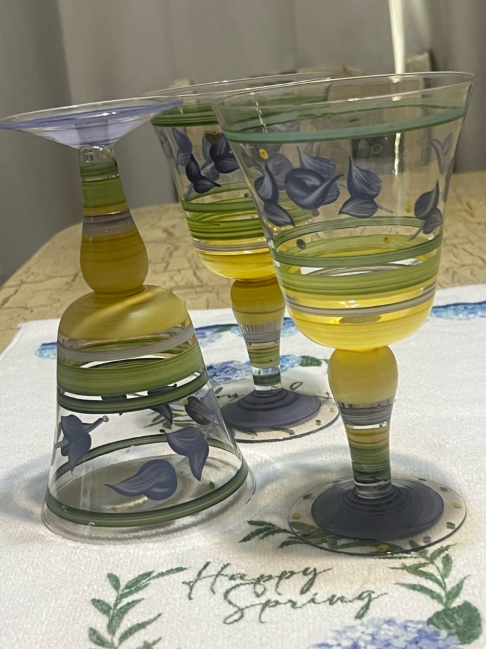 Hand-Painted Green & Yellow Floral Glass Goblets - Set of 3 - Picture 2 of 3